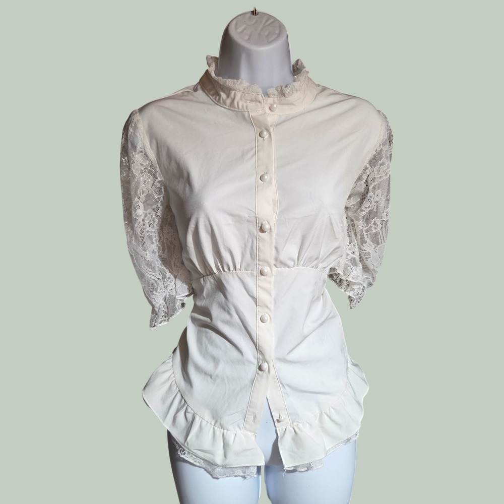 Belle Poque Ivory Lace Sleeve Peplum Blouse Y2K Office Siren Cottagecore Medium